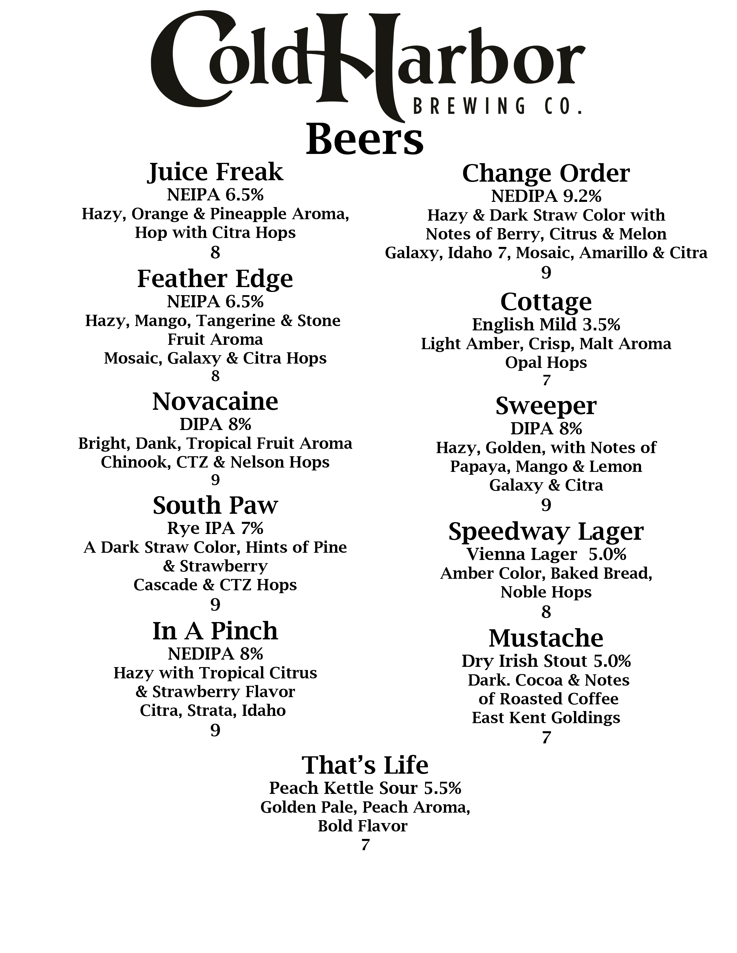 Beer Menu Cold Harbor Brewing