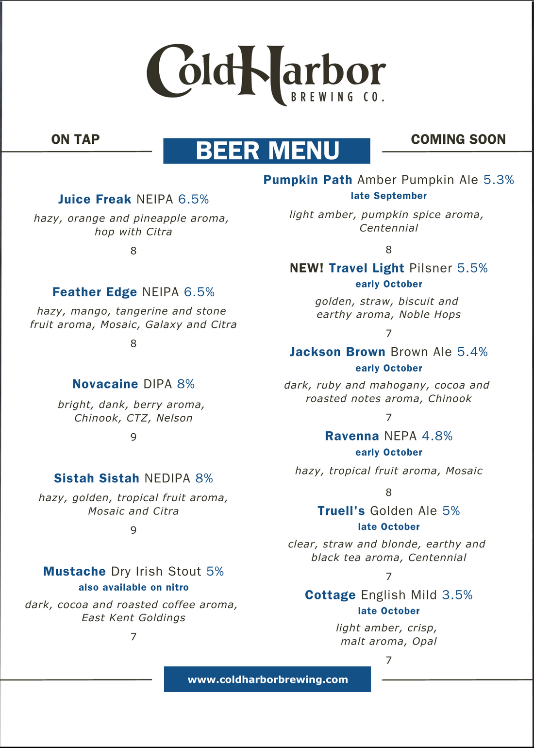 Beer Menu Cold Harbor Brewing